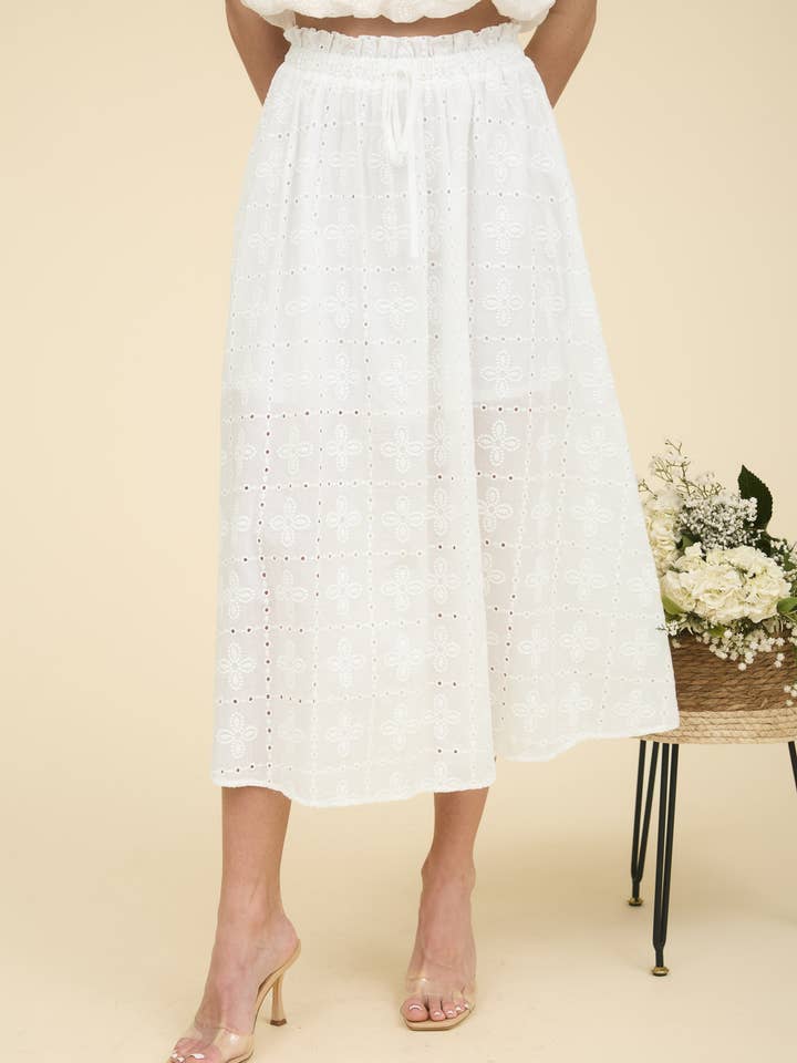 WHITE EYELET RUFFLE DETAIL MIDI SKIRT for wholesale on Faire