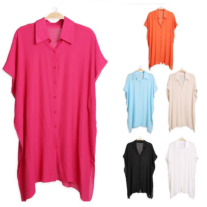 Fashion City - Wholesale Button Down Shirt - Women's - Women's Oversized Long Sleeveless Shirt Cover Up