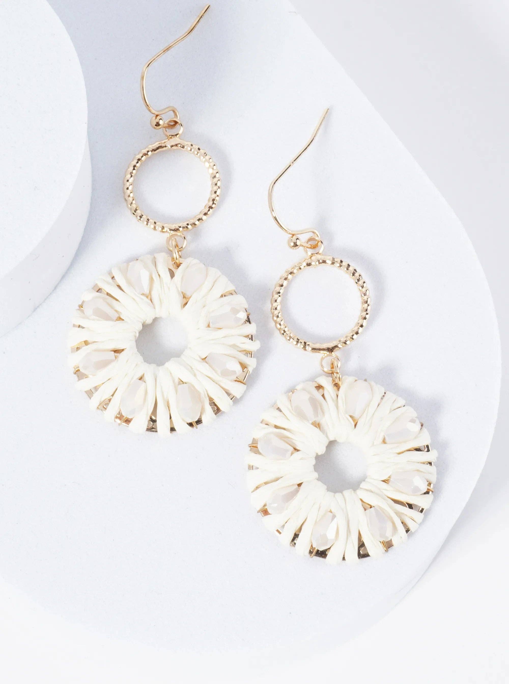 Wild Honey - Wholesale Dangle Earrings - Two Circle Drop Earrings Wrapped With Glass Beads And Raffia2