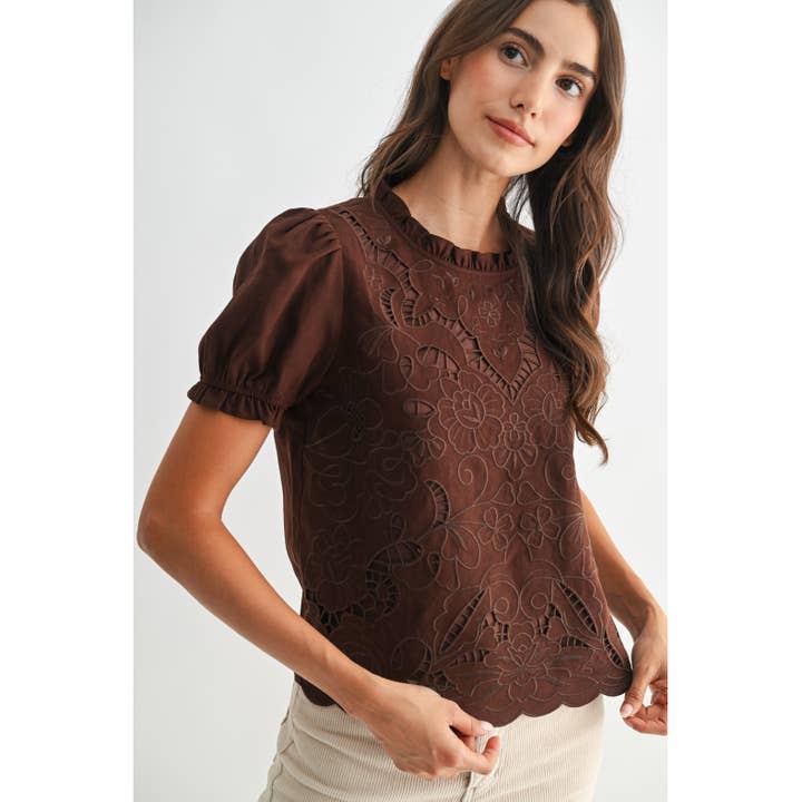 MOCHA BROWN EMBROIDERED EYELET BLOUSE WITH PUFF SLEEVES for wholesale on Faire1