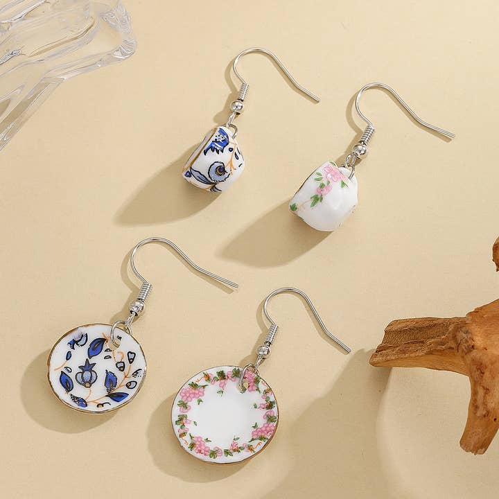 Fashionable Ceramic Pattern Cup and Plate Earrings for wholesale by Tourtiwi