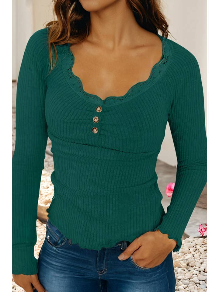 Little Daisy Closet - Wholesale Knit Top - Women's - LDC Lace U Neck Button Decor Lettuce Edge Ribbed Top7