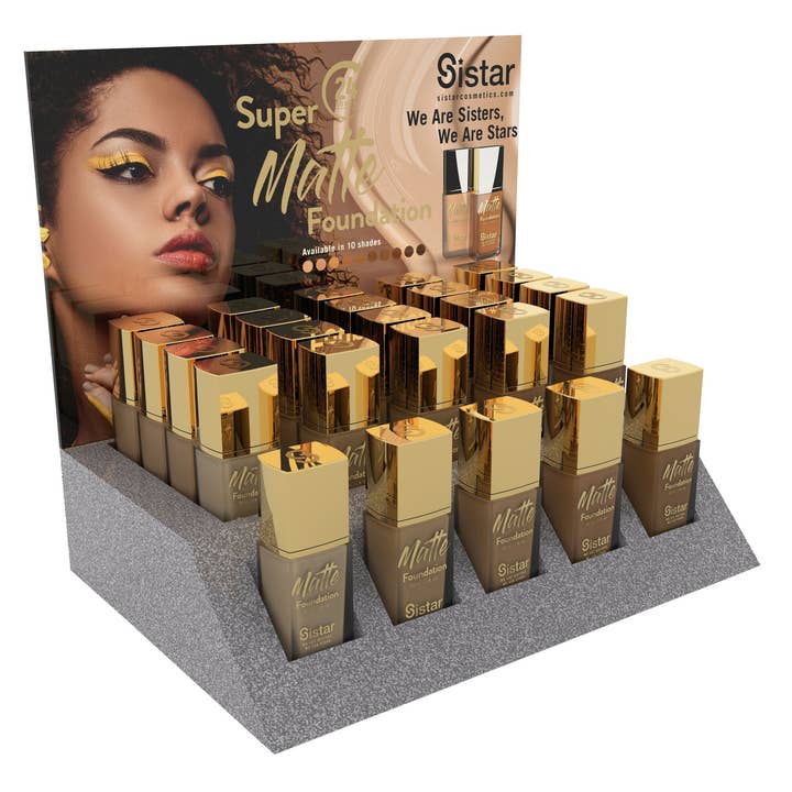 Sistar - Super Matte Foundation | Paper Counter Display for wholesale by SM Beauty LLC