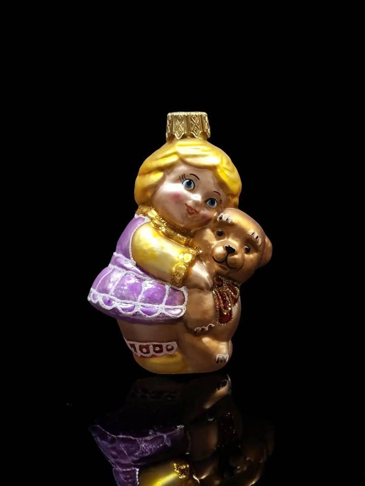 Girl Ornament - Hand Made In Ukraine - Blown Glass Ornament - Hand Decorated - Keepsake Ornament - Girl W Teddy Bear - Figurative Ornament for wholesale by Glass by Iness