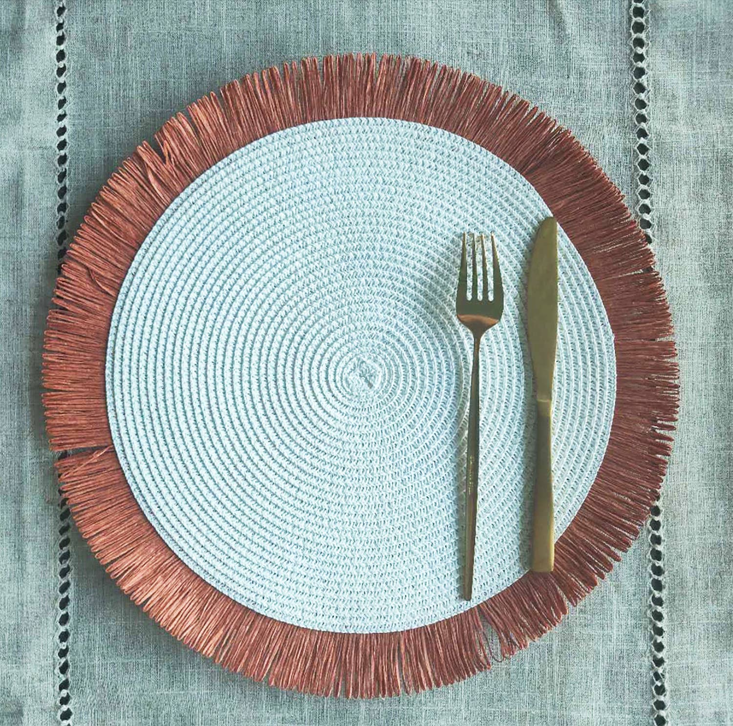 Fennco Styles - Wholesale Placemat - Handwoven Fringe Boho 15" Round Placemat16