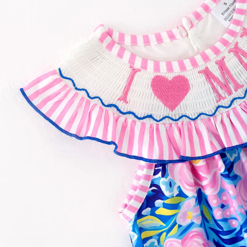 Auraquise - Wholesale Dress - Kids - Girls Summer “I LOVE MAMA” Smocking Dress3