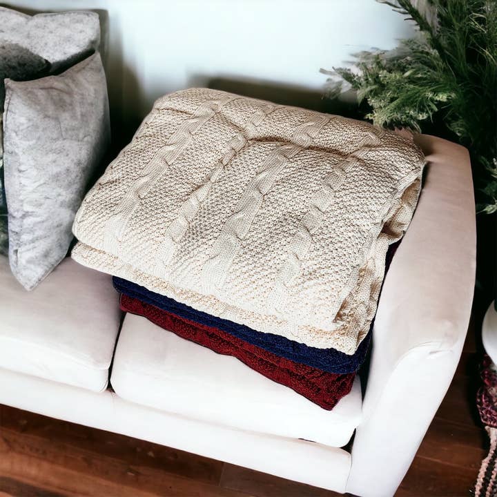 Gia Roma - Wholesale Throw Blanket - Neutral Cotton Vegan Throw Blanket, Ivory Sweater Like