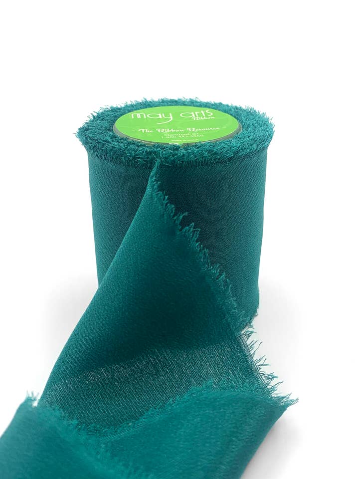 2" Rainforest Green 100% Silk Crepe with Frayed Edge Ribbon for wholesale by May Arts Ribbon