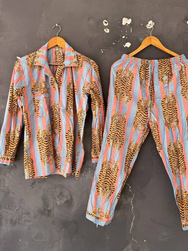 Pure Cotton PJ Set Nightwear Dress Tiger Print Handmade Set for wholesale by GYPSY STUDIO