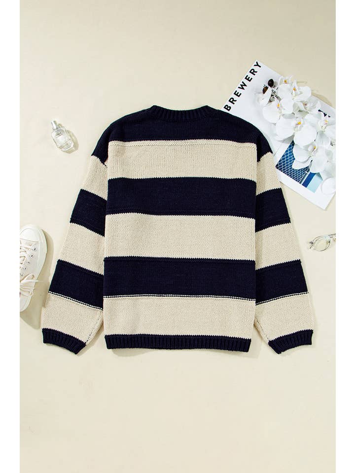 PRETTY BASH - Wholesale Knit Sweater - Women's - Plus Size Stripe Colorblock Drop Shoulder Sweater6