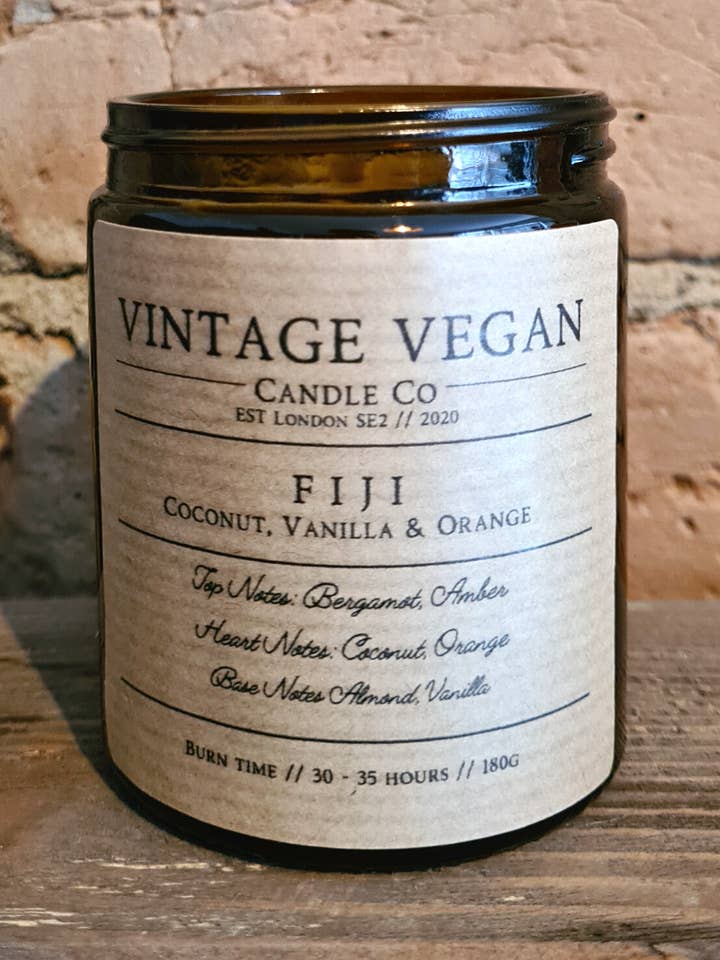 Fiji Coconut, Vanilla and Sweet Orange Vegan Travel Candle for wholesale by Vintage Vegan Candle Co