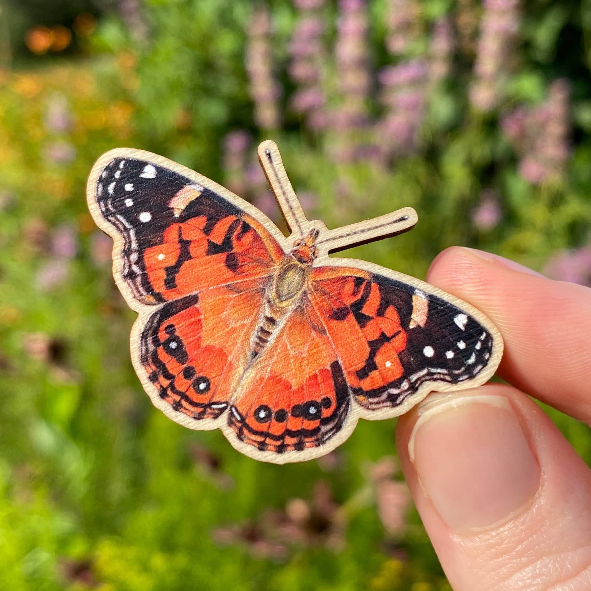 Allison Stoiser Art - Wholesale Lapel Pin/Button - American Painted Lady Butterfly Wooden Pin (Sustainable)1