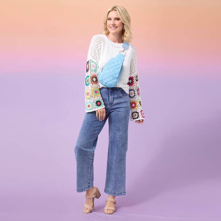 White Edie Lightweight Sweater with Crochet Sleeve for wholesale on Faire