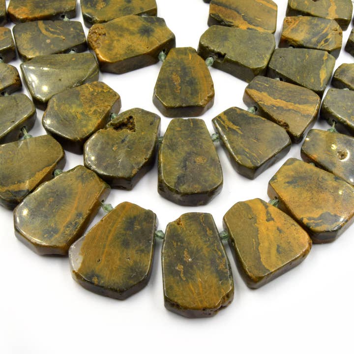Rainforest Rhyolite Jaasper Beads | Freeform Fan Shaped Gemstone Beads | 20mm x 25mm - 30mm x 34mm Graduated Fan Shaped Beads for wholesale by Only Beads