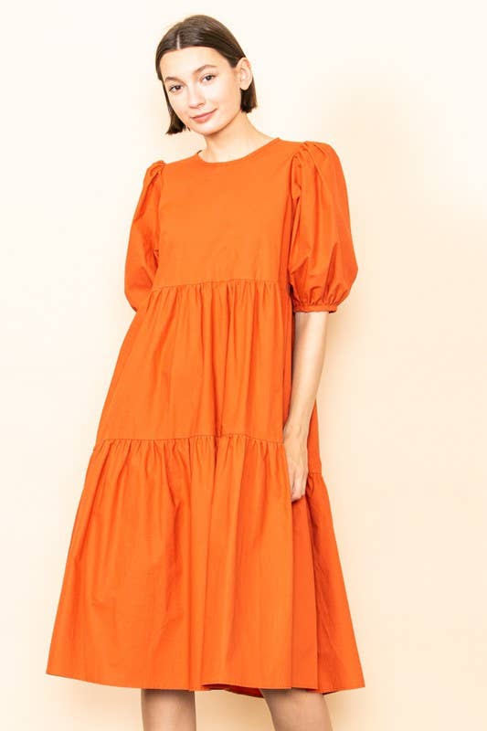 Elloh Collection - Wholesale Dress - Women's - SALE! Poplin Puff Sleeve Tiered Midi Dress with Pockets3
