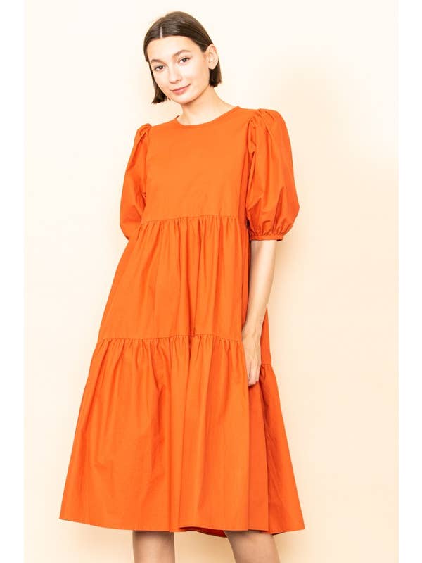 Elloh Collection - Wholesale Dress - Women's - SALE! Poplin Puff Sleeve Tiered Midi Dress with Pockets3