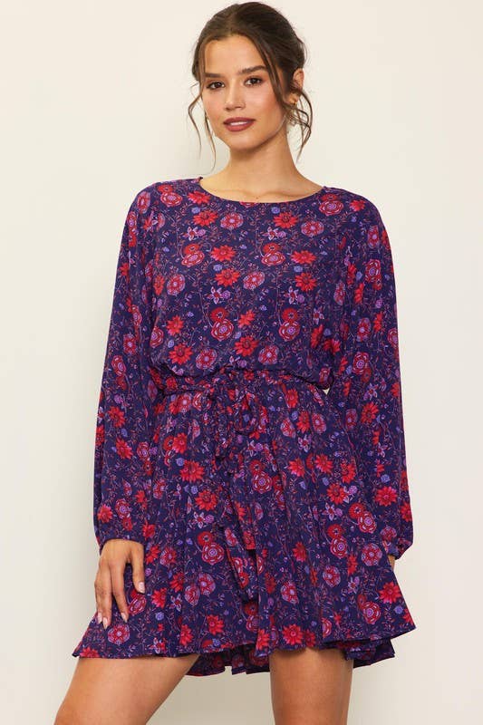Grape Red Long Sleeve Floral Printed Circle Skirt Mini Dress for wholesale on Faire1