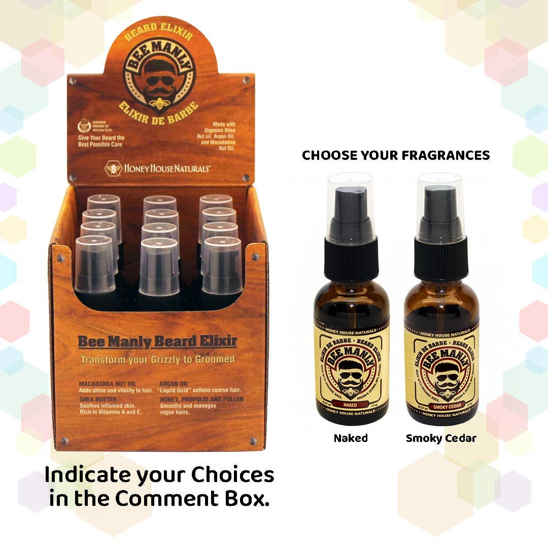 Honey House Naturals - Vente Produit structurant pour la barbe - Boîte de présentation d'élixir pour barbe Bee Manly, 12 pièces, testeur gratuit1