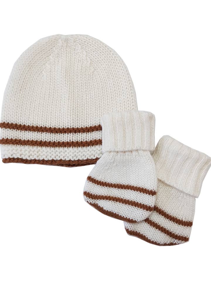 Baby's Cream & Brown Striped Knit Hat & Mitten Set for wholesale by Baby Threads