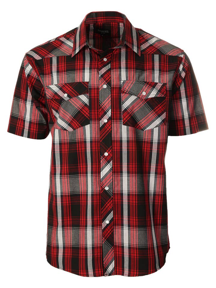 b-one inc - Wholesale Buttoned-down shirt – Men's - Men's Pearl Snap Button Down Plaid Short Sleeve Western Shirt4
