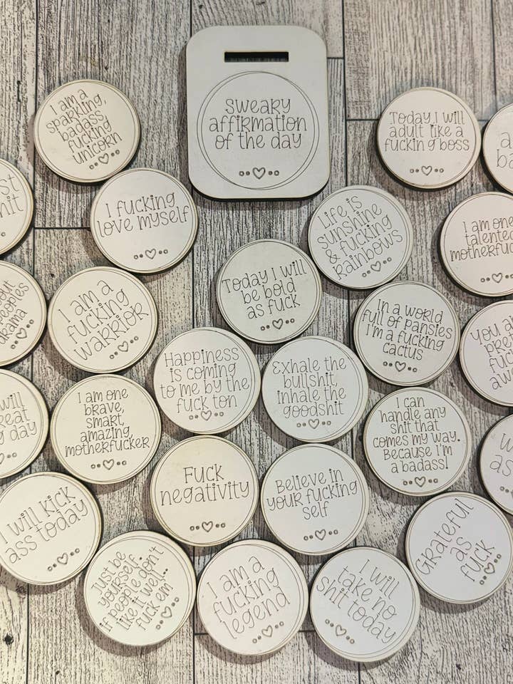 My Little Jar of Sweary Affirmations with DAILY SWEARY AFFIRMATION OF THE DAY STAND! Sweary affirmations, Inappropriate affirmations for your sassy friend, Sweary Affirmation Token set, Cheeky Positivity for wholesale by LivaBella Designs