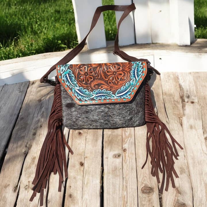 Western Linens - Wholesale Crossbody Bag - Women's - Tooled Leather turquoise Feathers Cowhide Crossbody Fringe