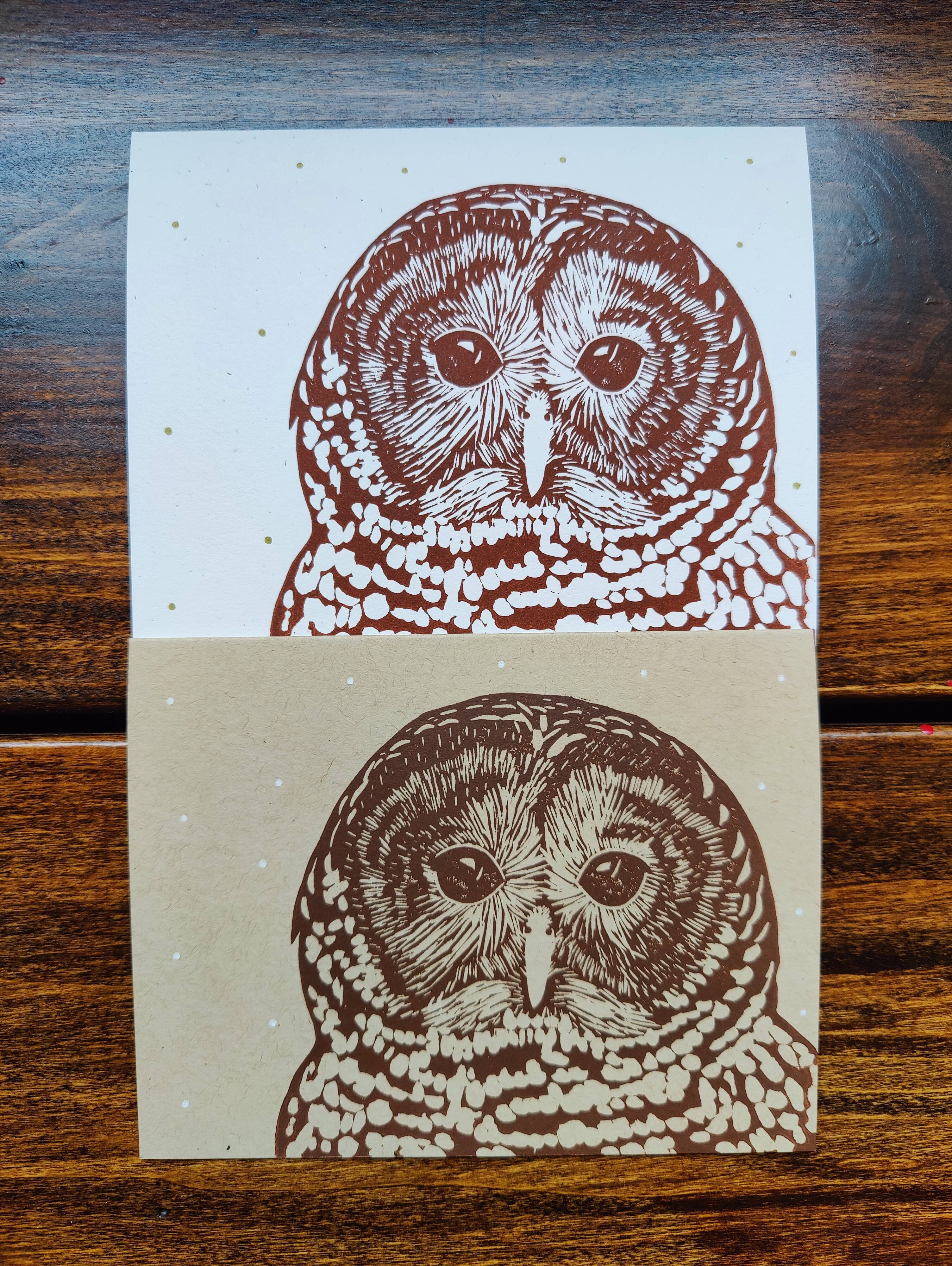 Winter Pickle Press - Wholesale Season's Greetings Card - Handprinted linocut barred owl holiday folded card2