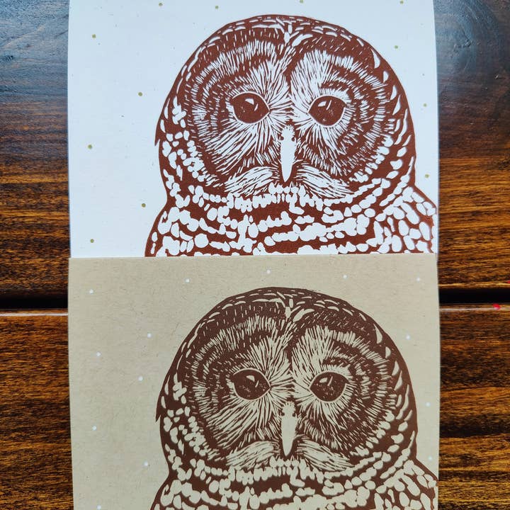Winter Pickle Press - Wholesale Season's Greetings Card - Handprinted linocut barred owl holiday folded card2