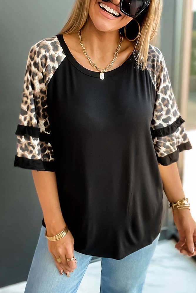 UNISHE - Wholesale Tunic - Women's - Leopard Print Half Sleeve Crew Neck Top KXOM99822