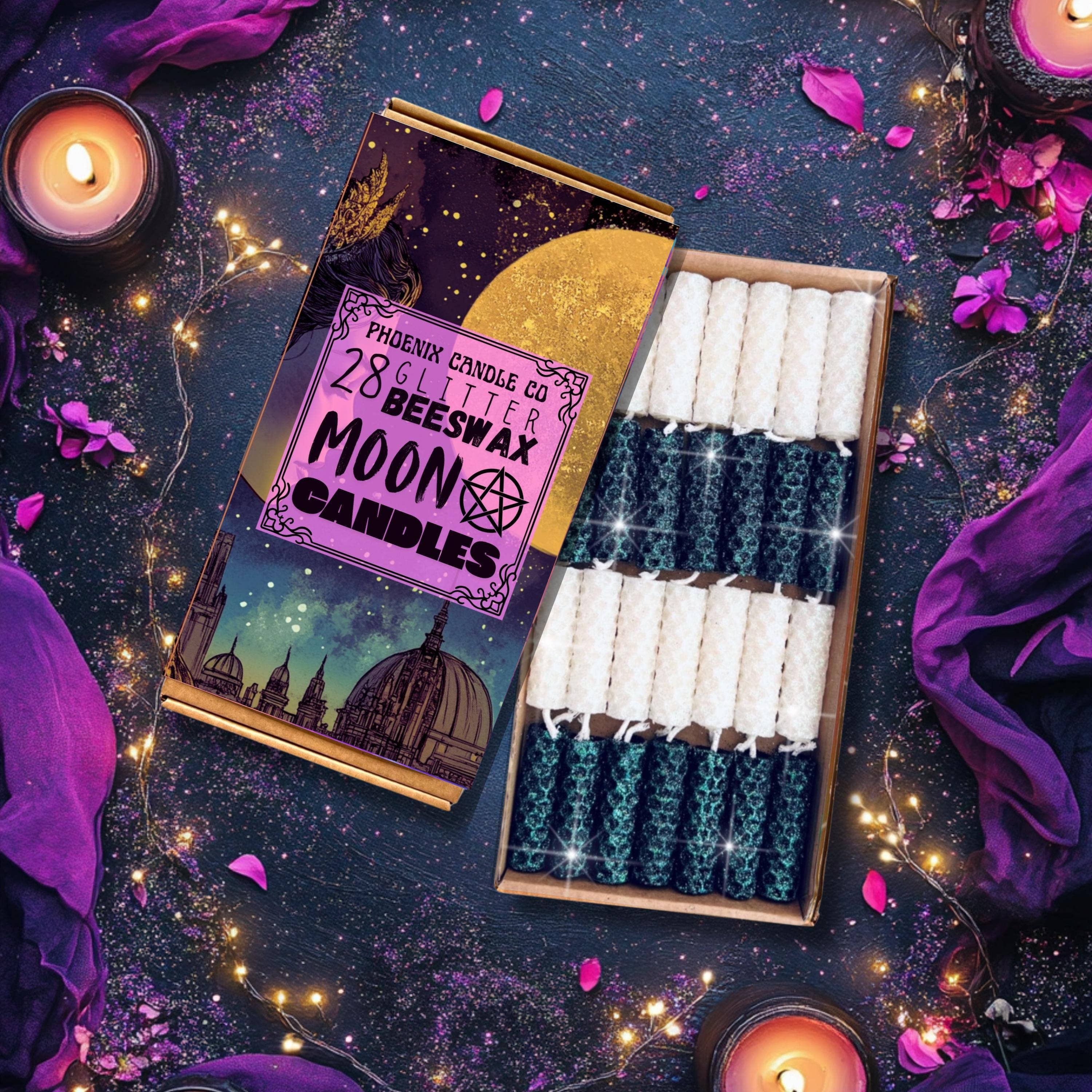 Phoenix Candle Company - Vente Bougies/bougeoirs coniques - Bougies pailletées Mini Moon Ritual avec calendrier des phases de la lune