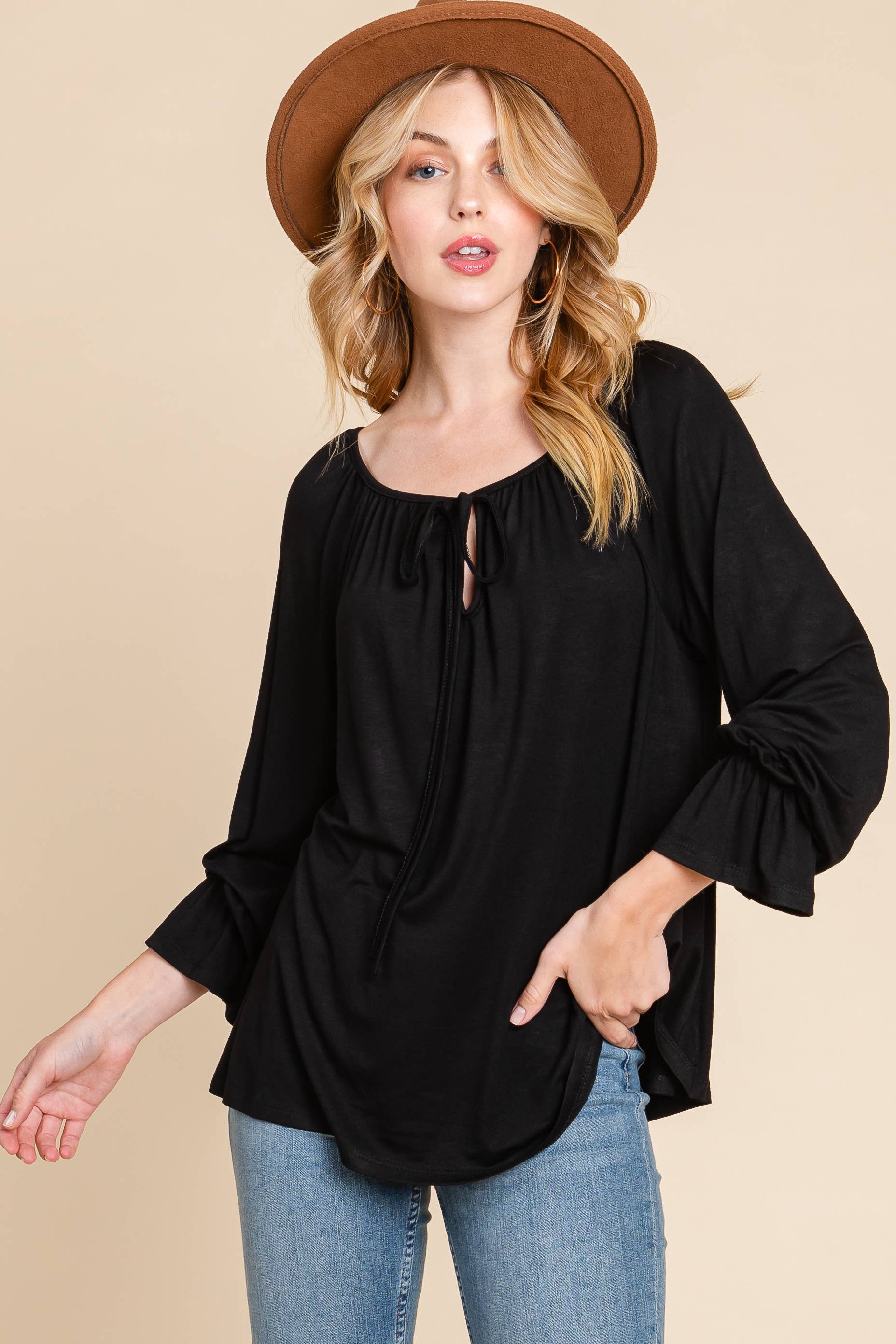 Schwarz ETK-9305 Solides Modeoberteil mit langen Ärmeln für den Großhandel auf Faire3