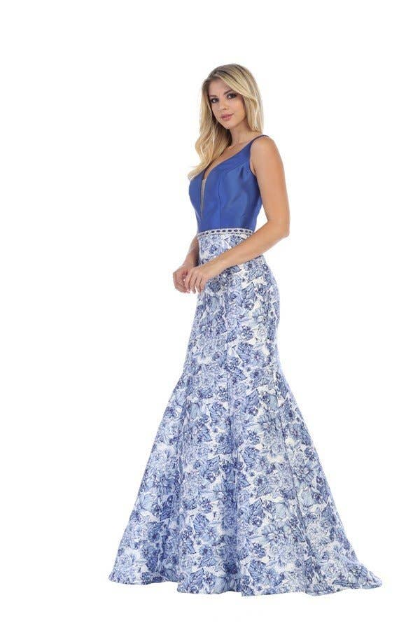 Blau Langes Satinkleid mit blauem Blumendruck und V-Ausschnitt XH5004 für den Großhandel auf Faire2