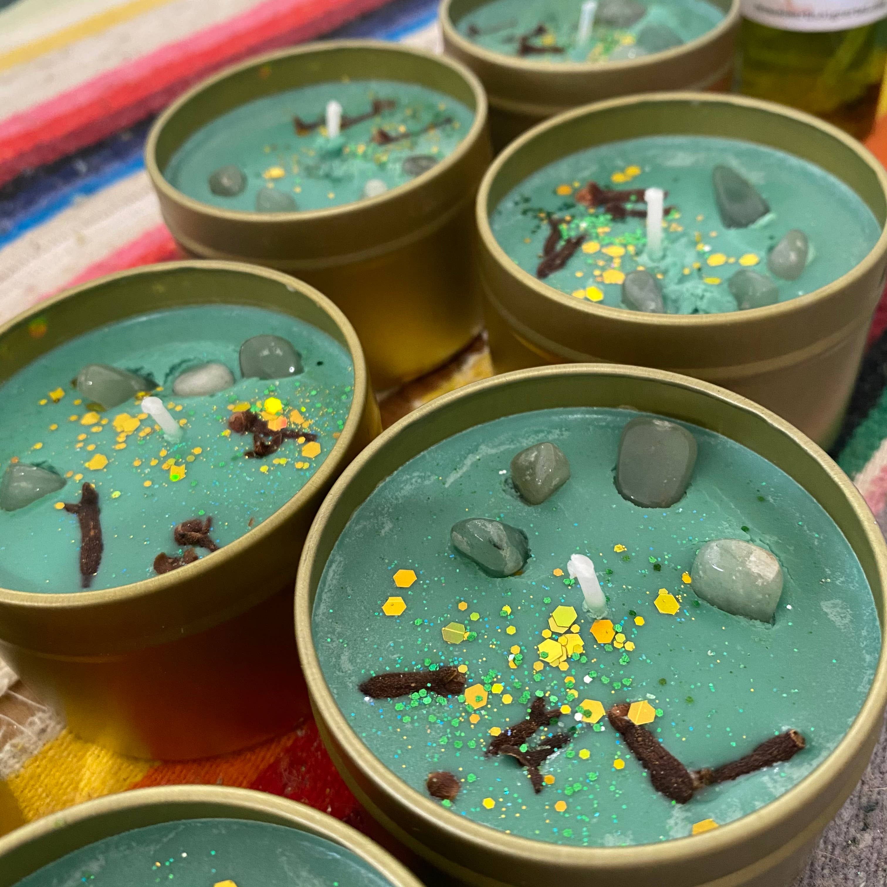 Raven’s Hearth - Wholesale Travel Candles - Prosperity Crystal Candle | Manifestation | Vegan1