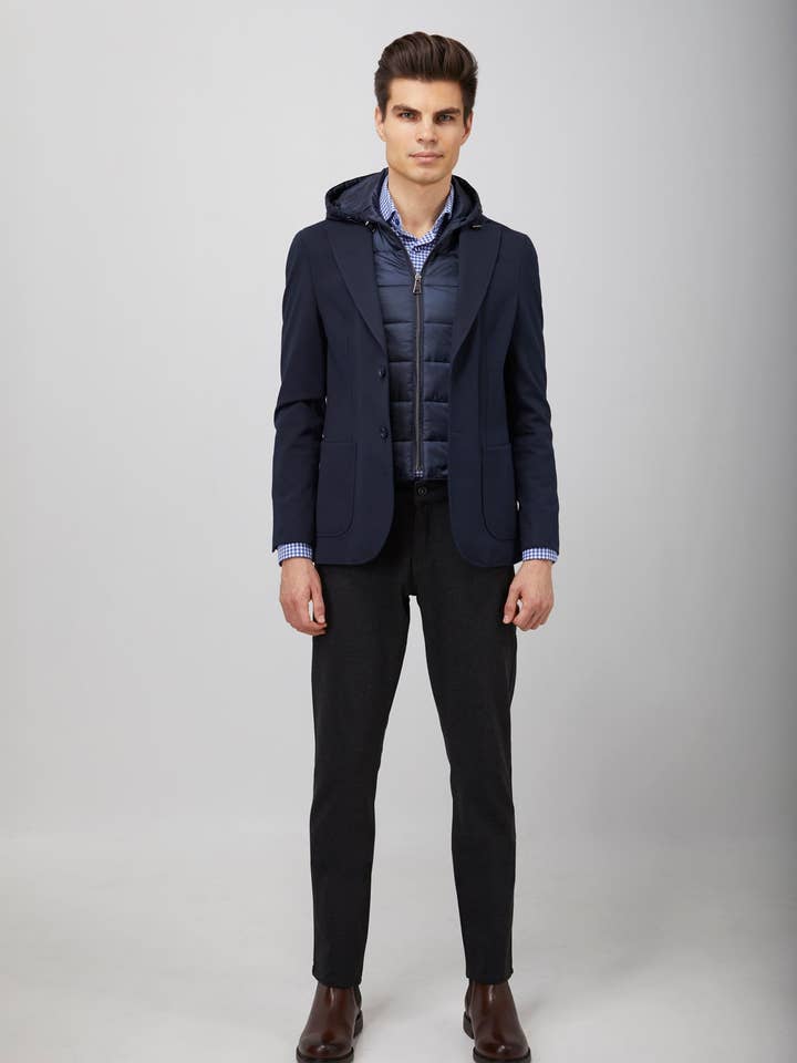 Marineblauwe Puffer Hood Sportjas voor wholesale door Luchiano Visconti