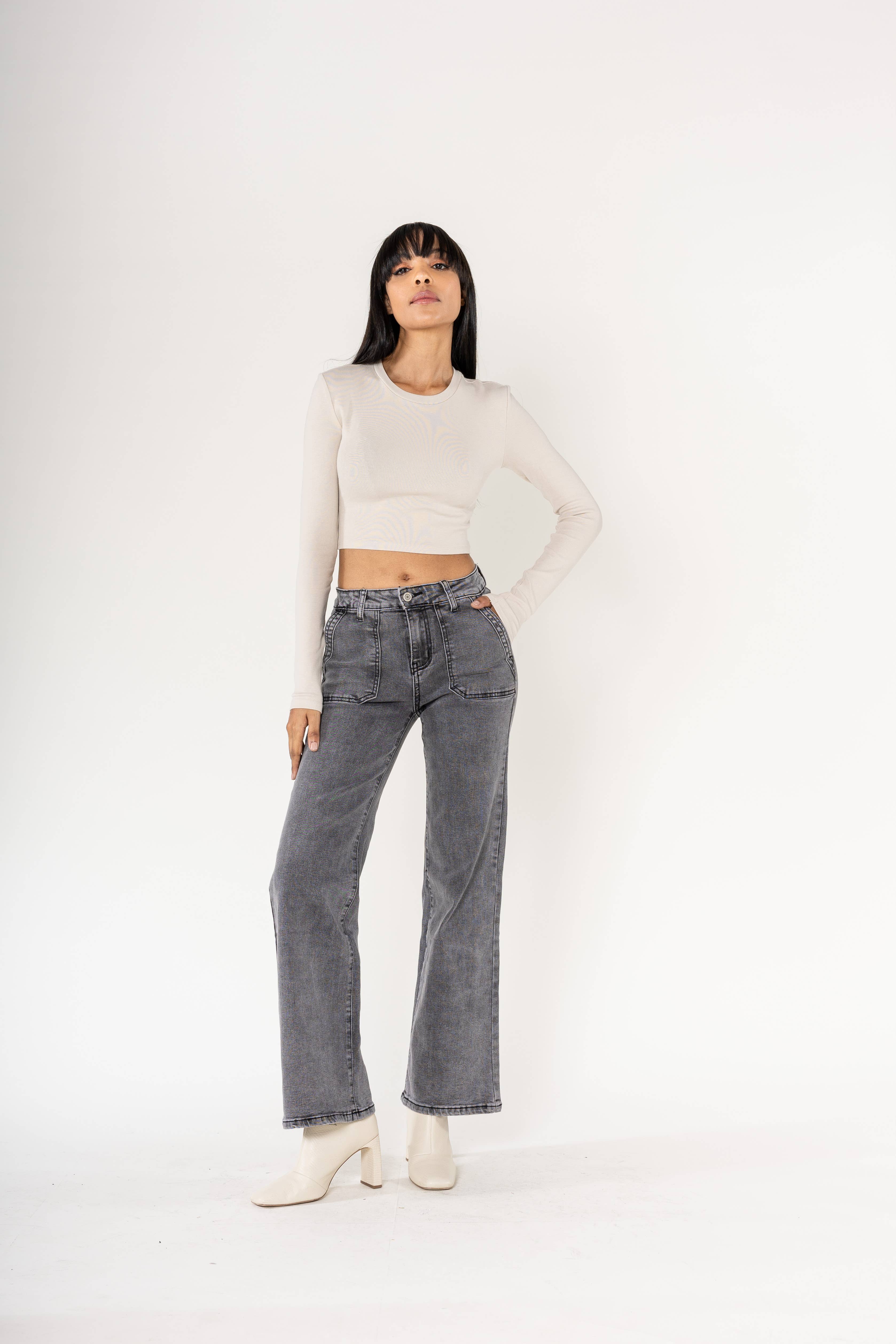 Nina Carter - Vendita all'ingrosso Jeans - Donna - Jeans svasati elasticizzati a vita alta larghi P12321