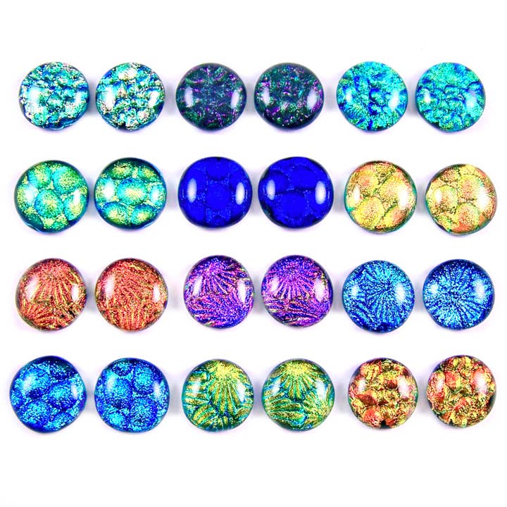 Dichroic Glass Earrings - Round Textures Bright Rainbow Mix for wholesale by Glass Town USA