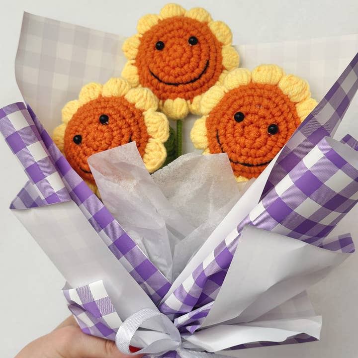 Wildflower Co. - Wholesale Artificial Flowers - Handmade Crochet Sunflower Bouquets Wrapped in Plaid