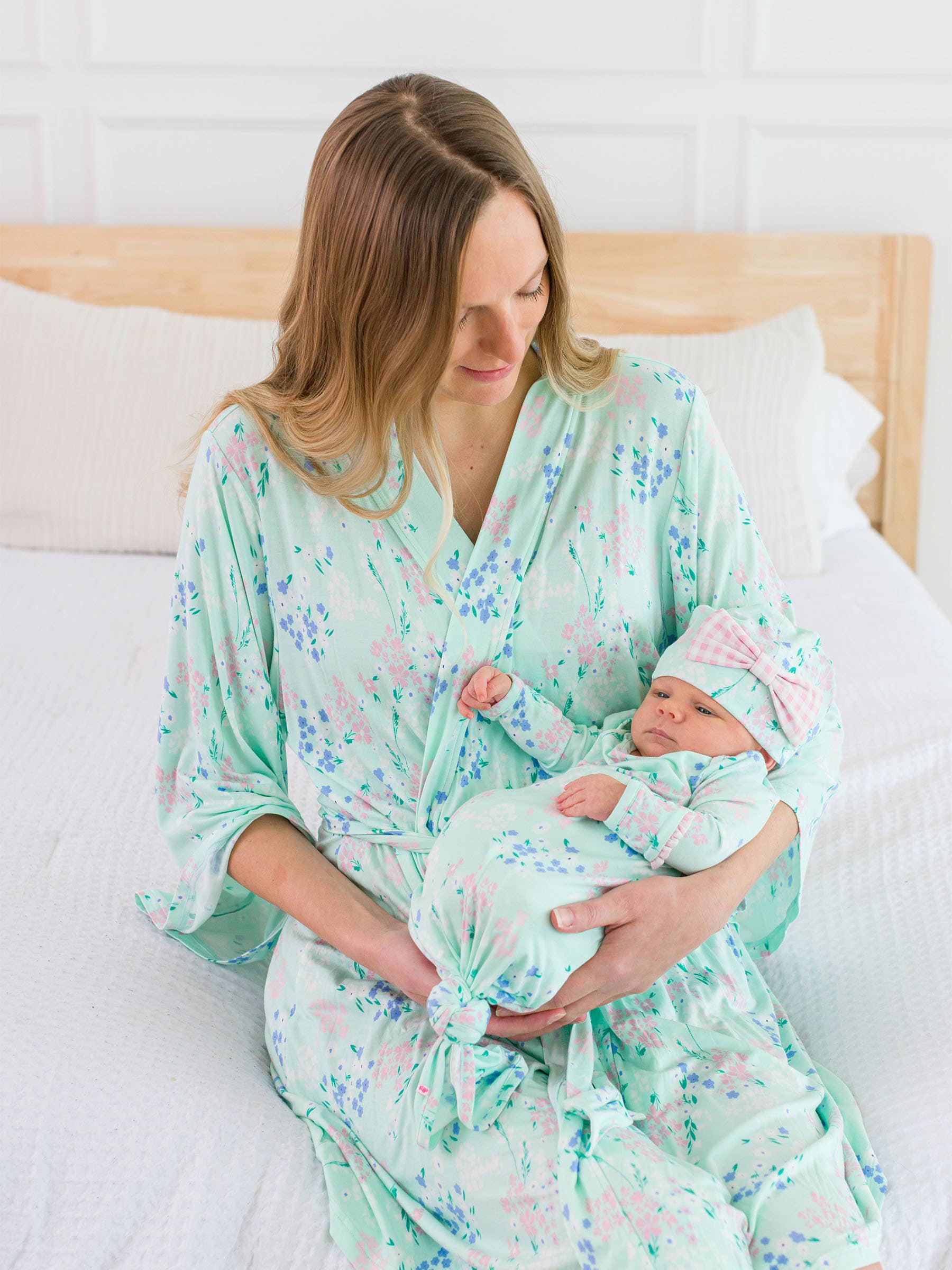 Green SoftSnooze™ Baby Girls Bamboo Viscose Mint Meadow Ruffle Knotted Sleep Gown & Bow Hat Set for wholesale on Faire7