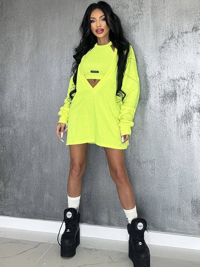 KAKI Completo due pezzi: mini abito e top smanicato a girocollo in tinta unita, vestibilità ampia in vendita all'ingrosso su Faire4