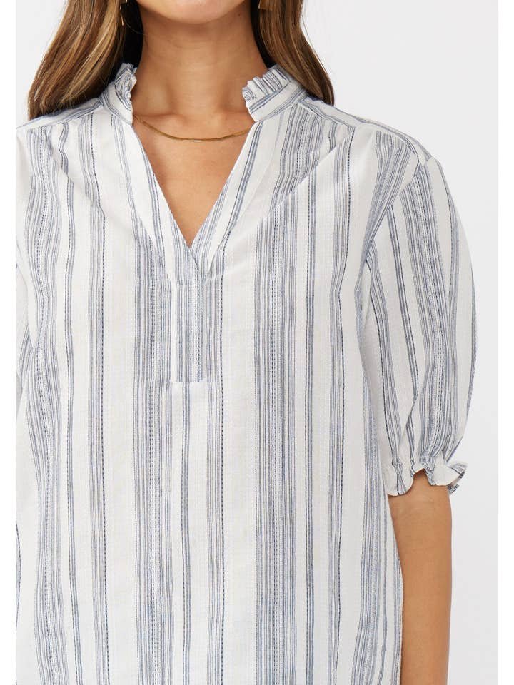 Navy Natural Yarn-Dyed Striped Puff Sleeve Split Neck Top for wholesale on Faire