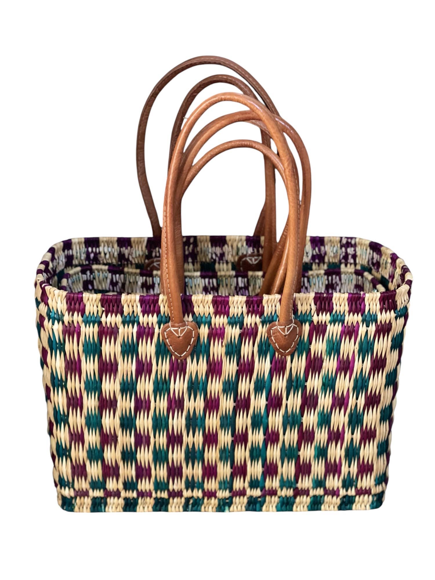 HandHappiness – Großhandel Lebensmittel-/Einkaufstasche – Handgefertigter gewebter Einkaufskorb aus Binsen - Grün & Lila - 310