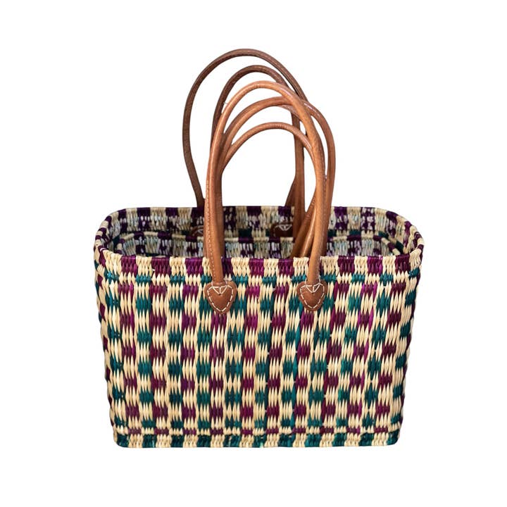 HandHappiness – Großhandel Lebensmittel-/Einkaufstasche – Handgefertigter gewebter Einkaufskorb aus Binsen - Grün & Lila - 310