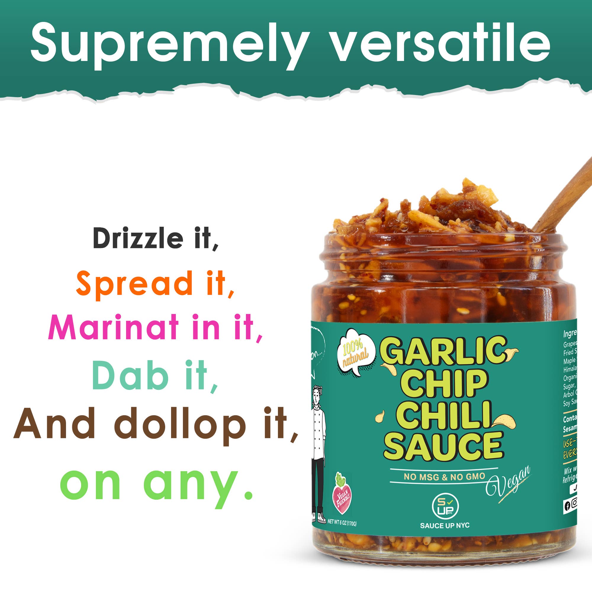 SAUCE UP NEW YORK - Wholesale Sauce - 100% All-Natural Vegan Garlic Chip Chili Sauce - Topping!3