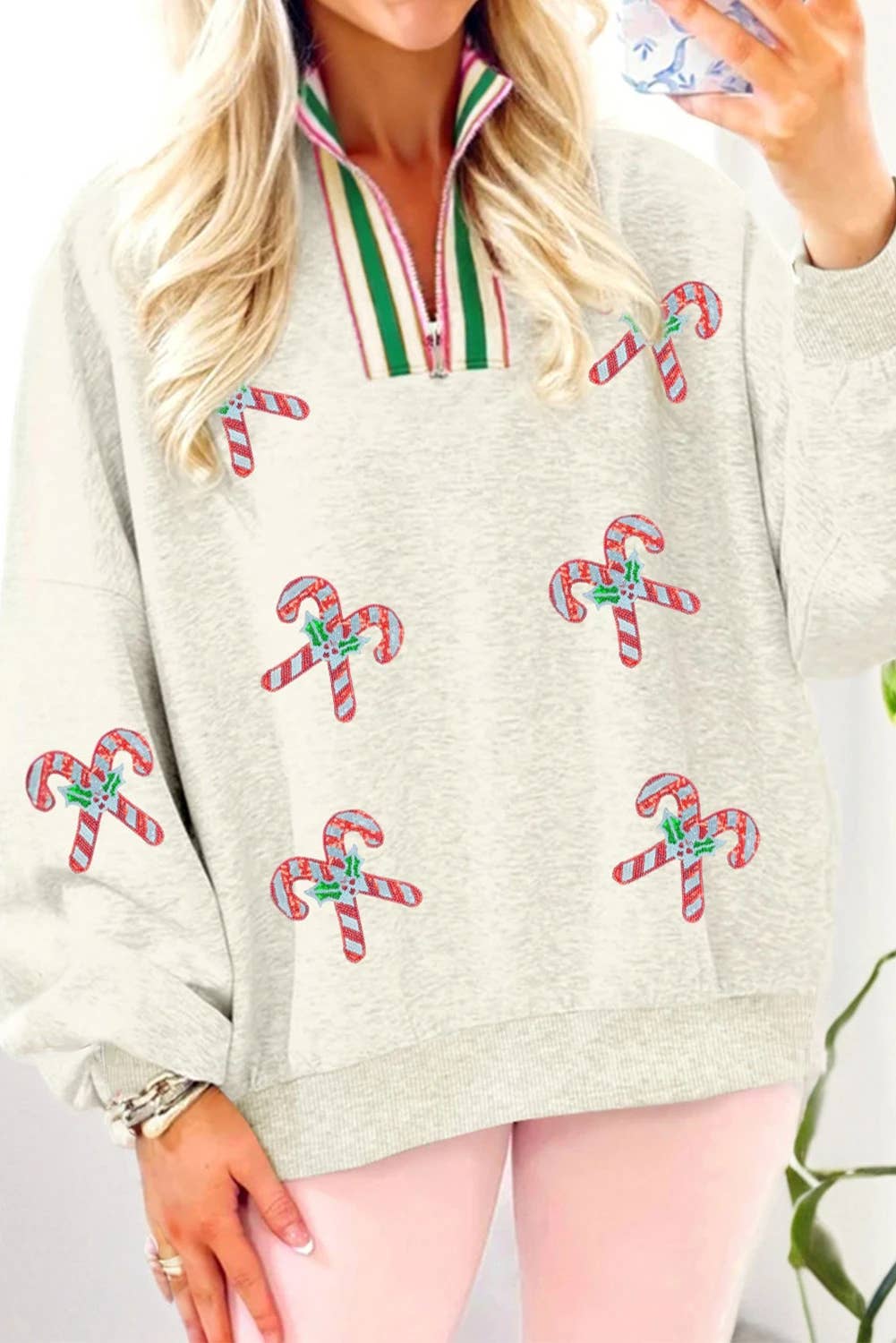 Light Grey Sequin Candy Canes Contrast Collar Patchwork Loose Sweatshir for wholesale on Faire