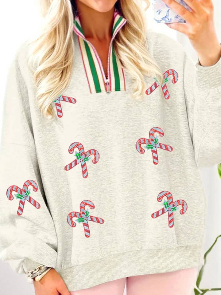 Light Grey Sequin Candy Canes Contrast Collar Patchwork Loose Sweatshir for wholesale on Faire0
