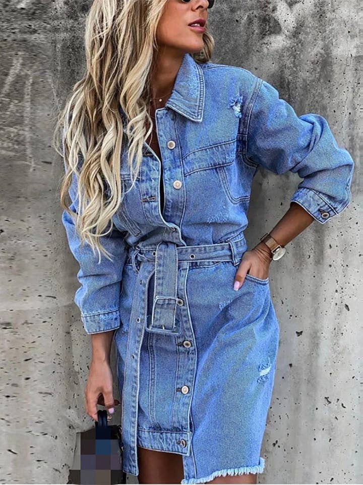 Default Title Turn-Down Collar Full Sleeve Denim Dress for wholesale on Faire