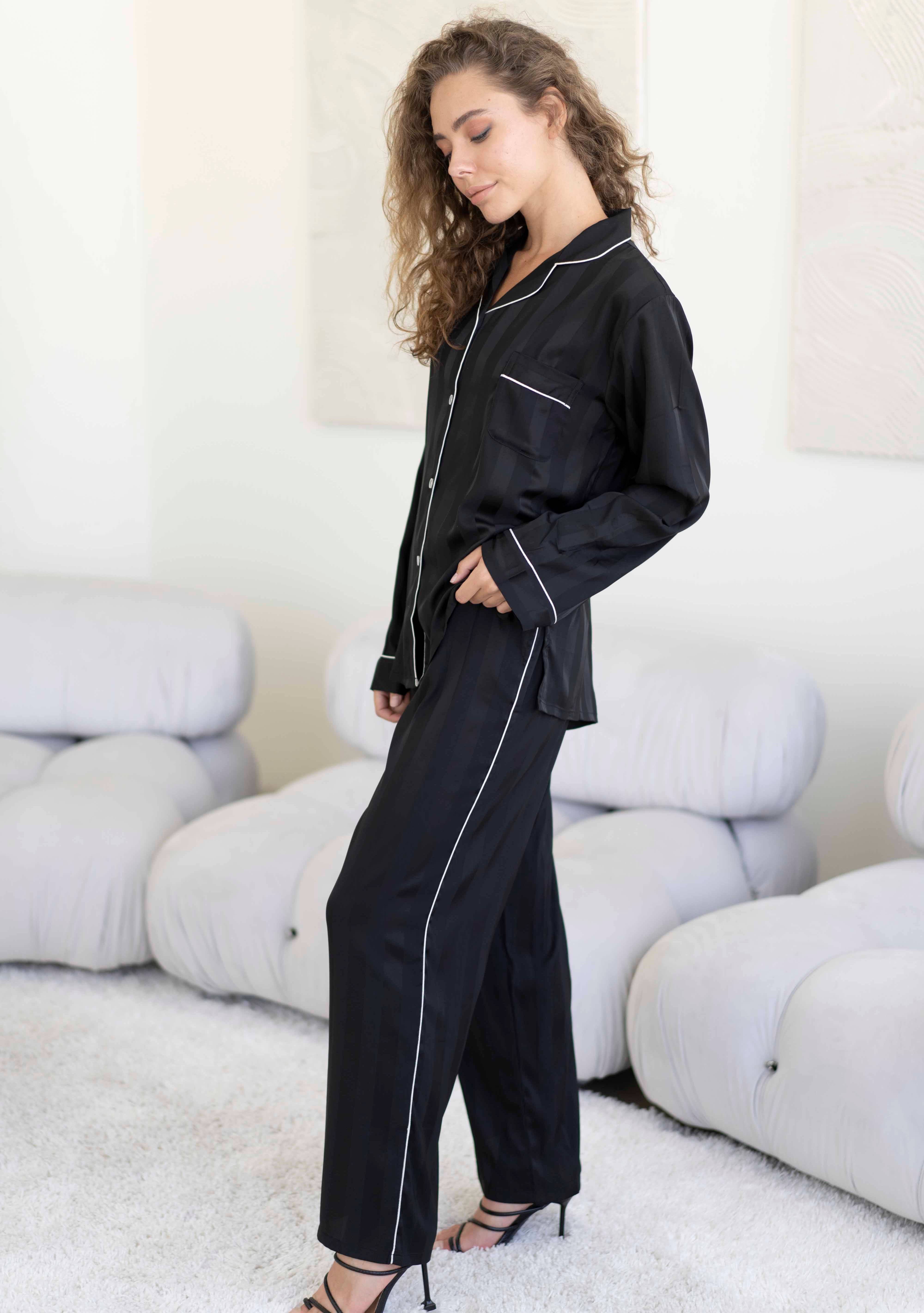 KAYAN.L - Venta al por mayor Conjunto de ropa para dormir - Mujer - Conjunto de pijama de manga larga con botones a rayas negro15