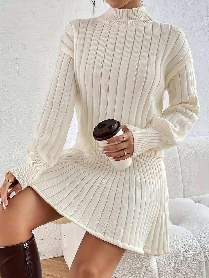 Milky Elegant Rib Knit Sweater Co-ords - Women's Long Sleeve Mock Neck Drop Shoulder Sweater & High Waist A-line Skirt Outfits with Solid Knitted Fabric, Comfortable Fit, and Chic Style for wholesale on Faire