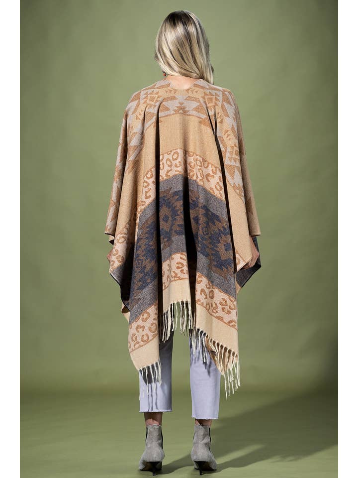 Urbanista - Wholesale Poncho – Women's - Aztec Leopard Pattern Fringe Ruana 10