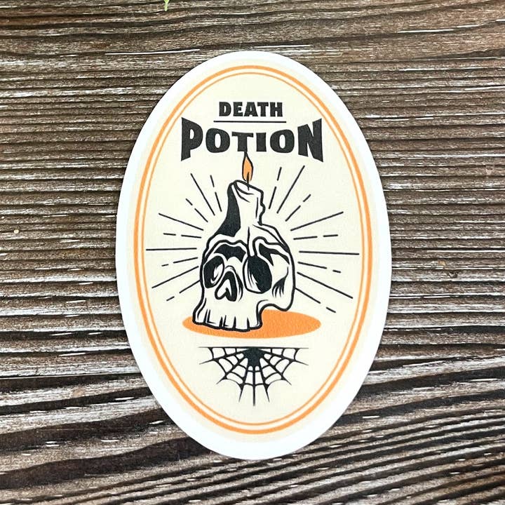 Death Potion Label, Die Cut Vinyl Sticker, Skull and Candle, Boho Fun, Water Resistant, Halloween Spooky |Sticker or Magnet for wholesale by Handmade by Marlayna